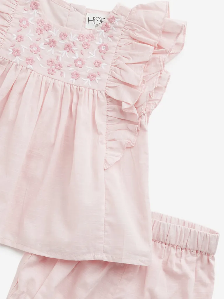 HOP Baby Pink Floral Cotton Top with Mid-Rise Shorts Set