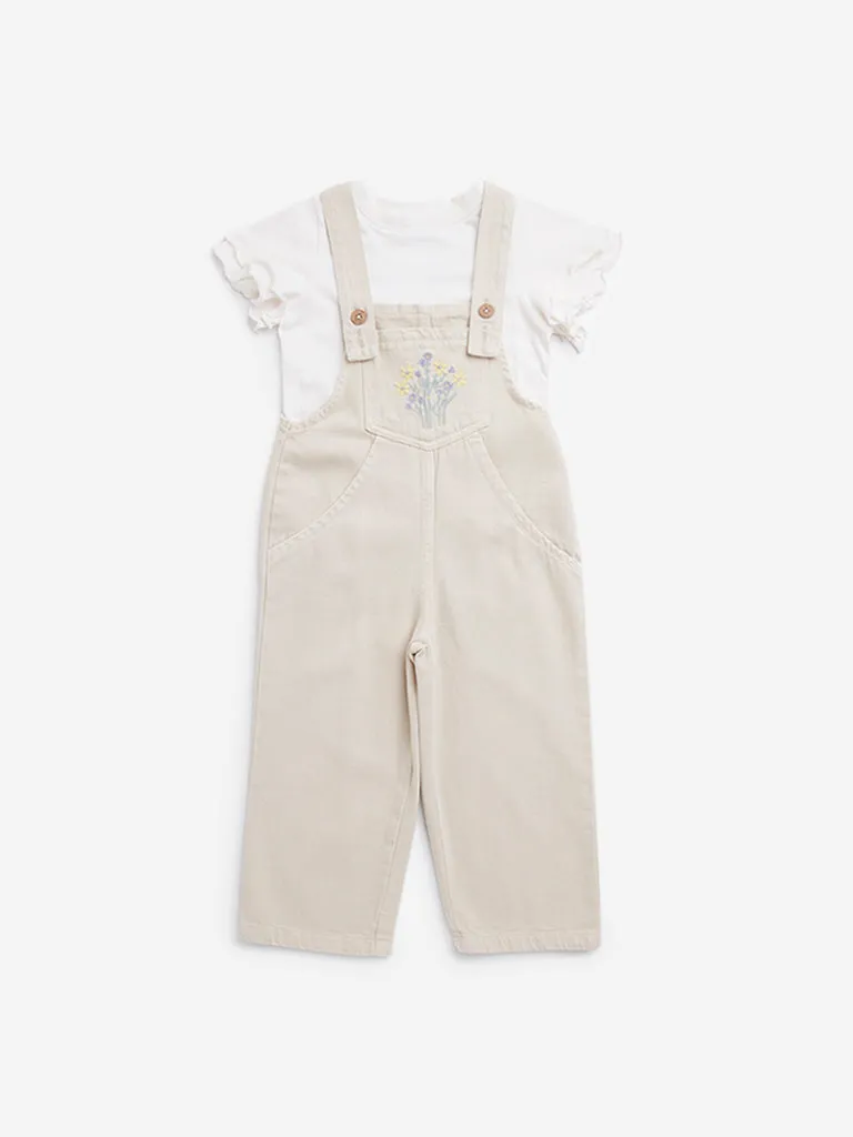 HOP Kids Beige Floral Embroidered Cotton Dungaree with T-Shirt Set