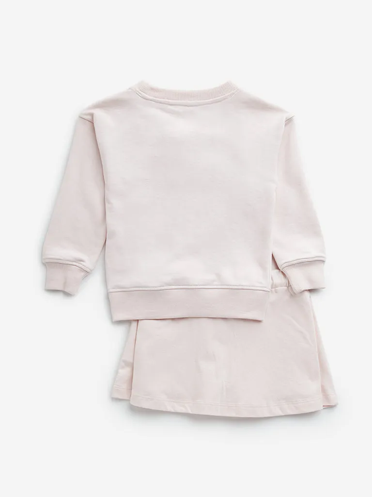 HOP Kids Light Pink Cotton Sweatshirt & Mid-Rise Skorts Set