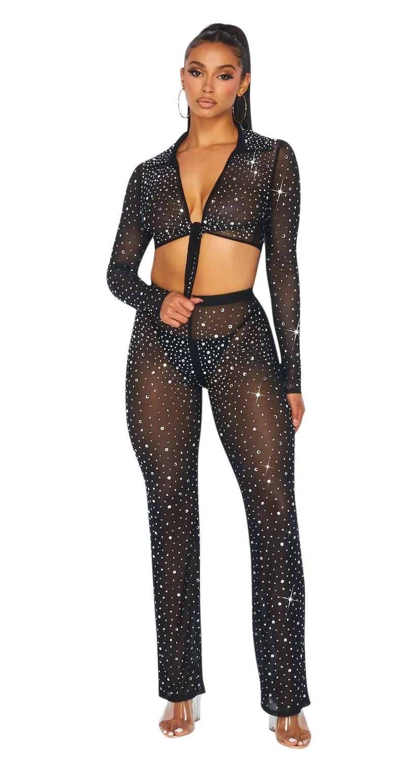 Hot & Delicious Women's Sheer Rhinestone Mesh Pants