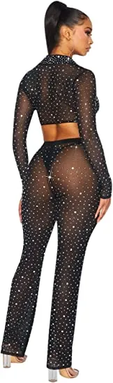 Hot & Delicious Women's Sheer Rhinestone Mesh Pants