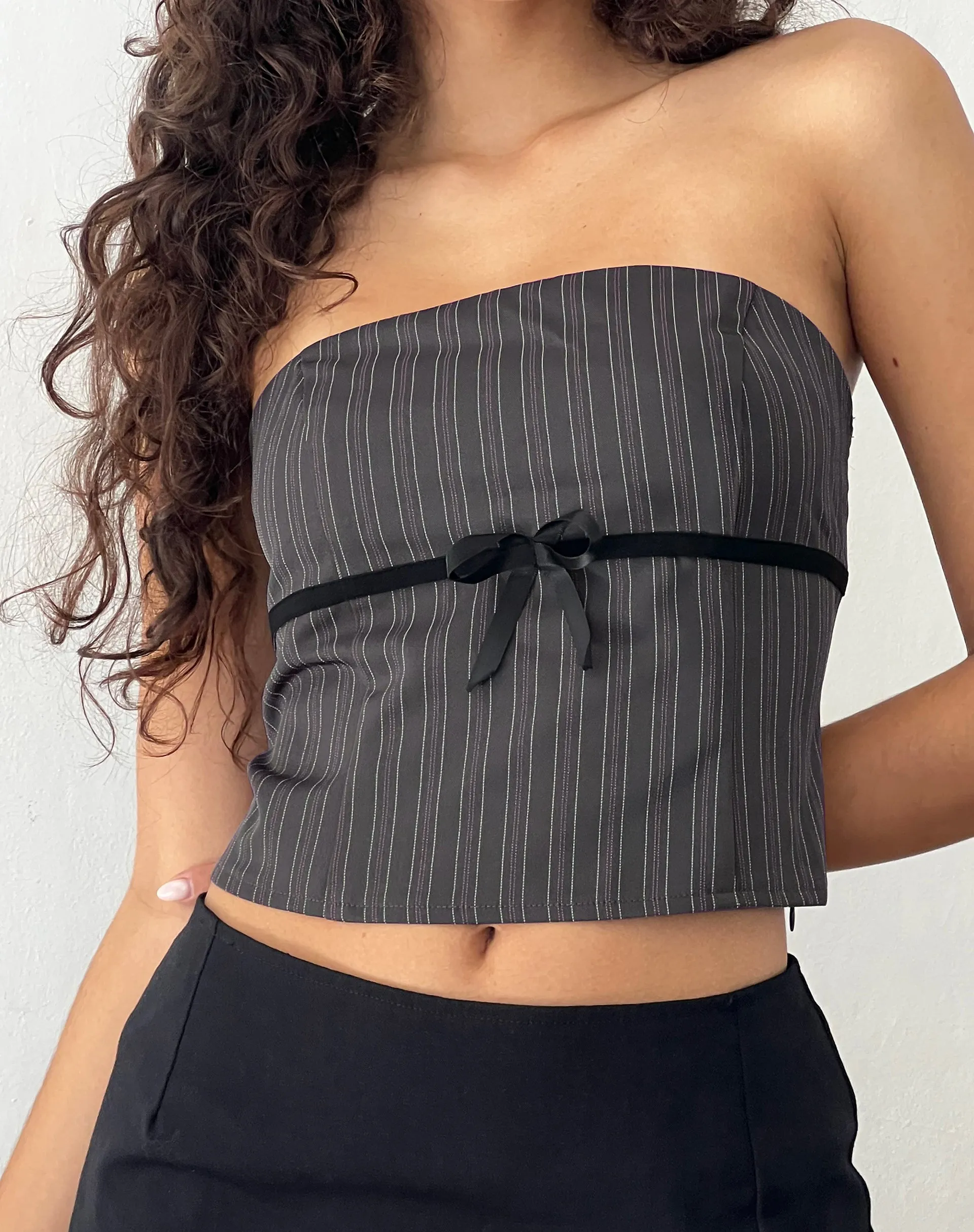 Leggy Tube Top in Grey Pinstripe