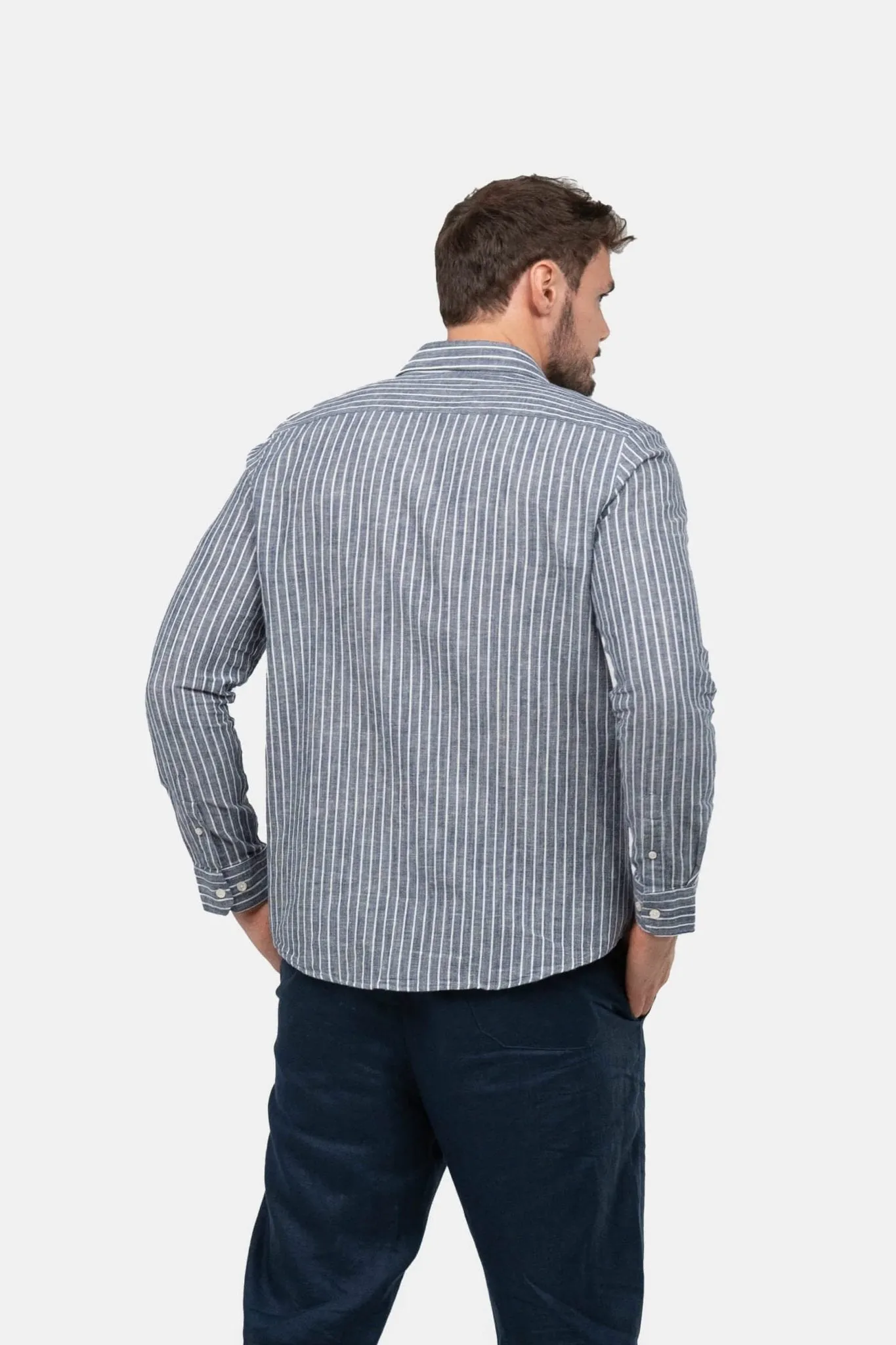 Long Sleeve Linen Shirt Navy Striped