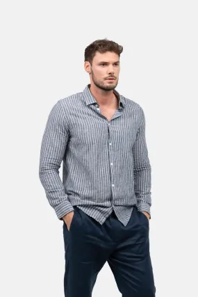 Long Sleeve Linen Shirt Navy Striped