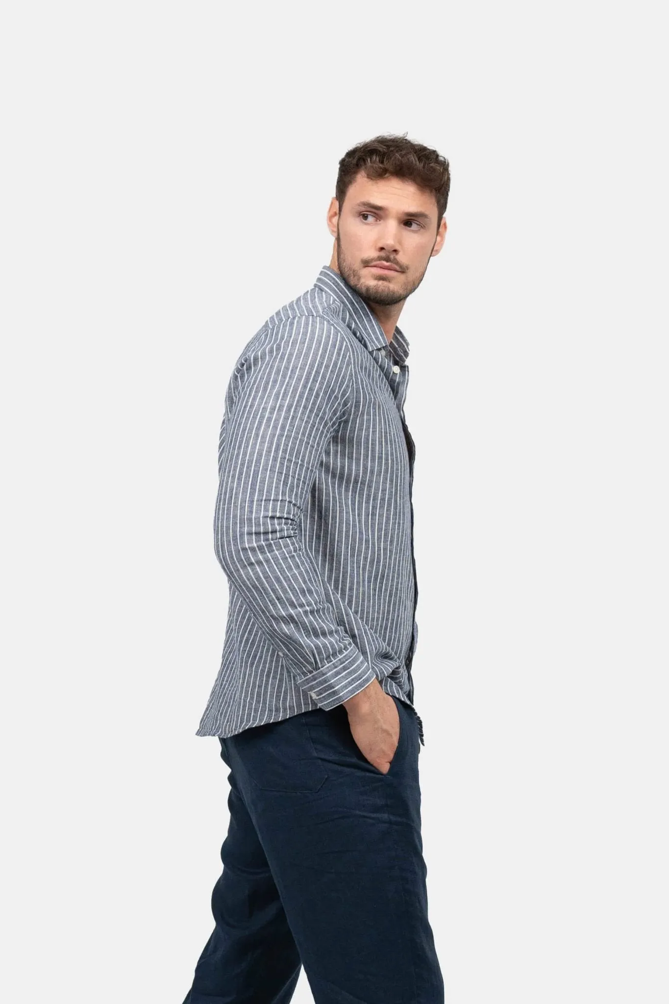 Long Sleeve Linen Shirt Navy Striped