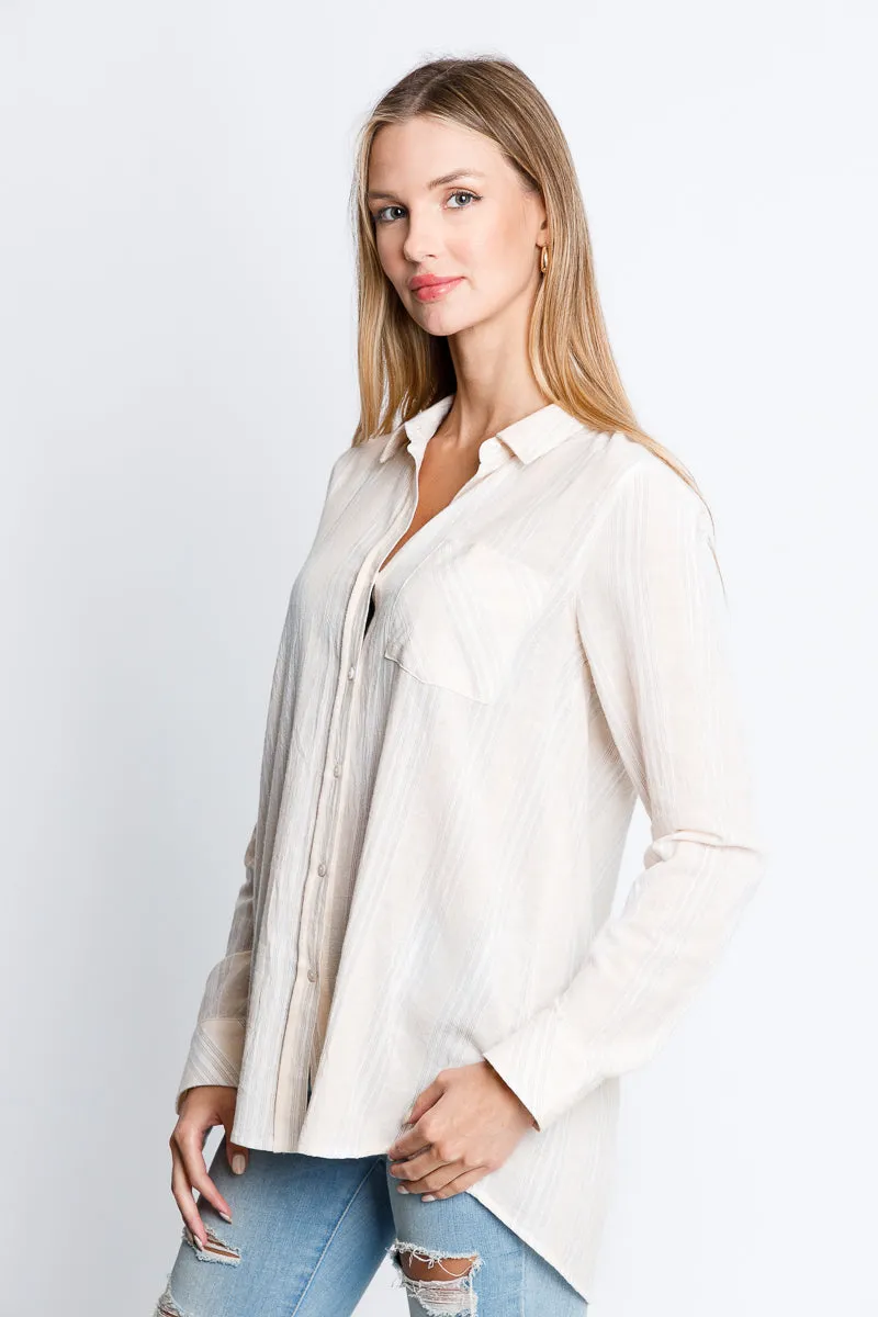 Longs Sleeve Button Down Striped Top In Cream* (15829)