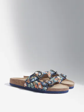 LUNA BLU Navy Floral Embroidered Dual Band Sandals