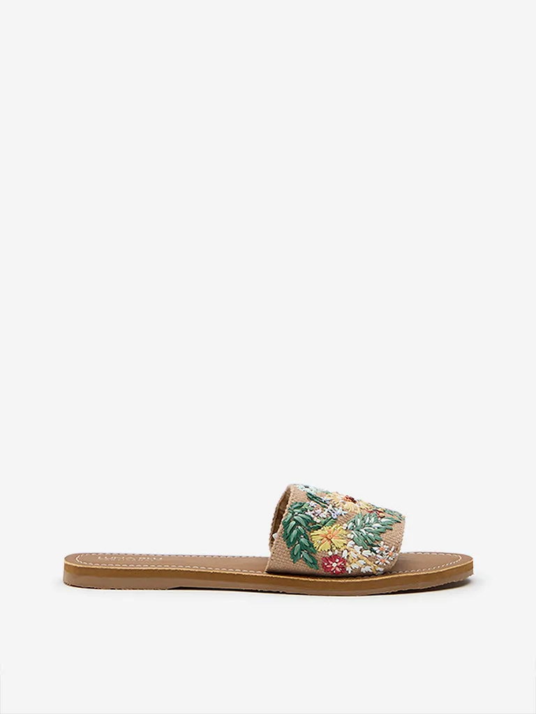 LUNA BLU Taupe Floral Embroidered Slides