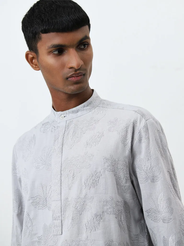 Mens Ethnicwear Grey Embroidered Cotton Kurta