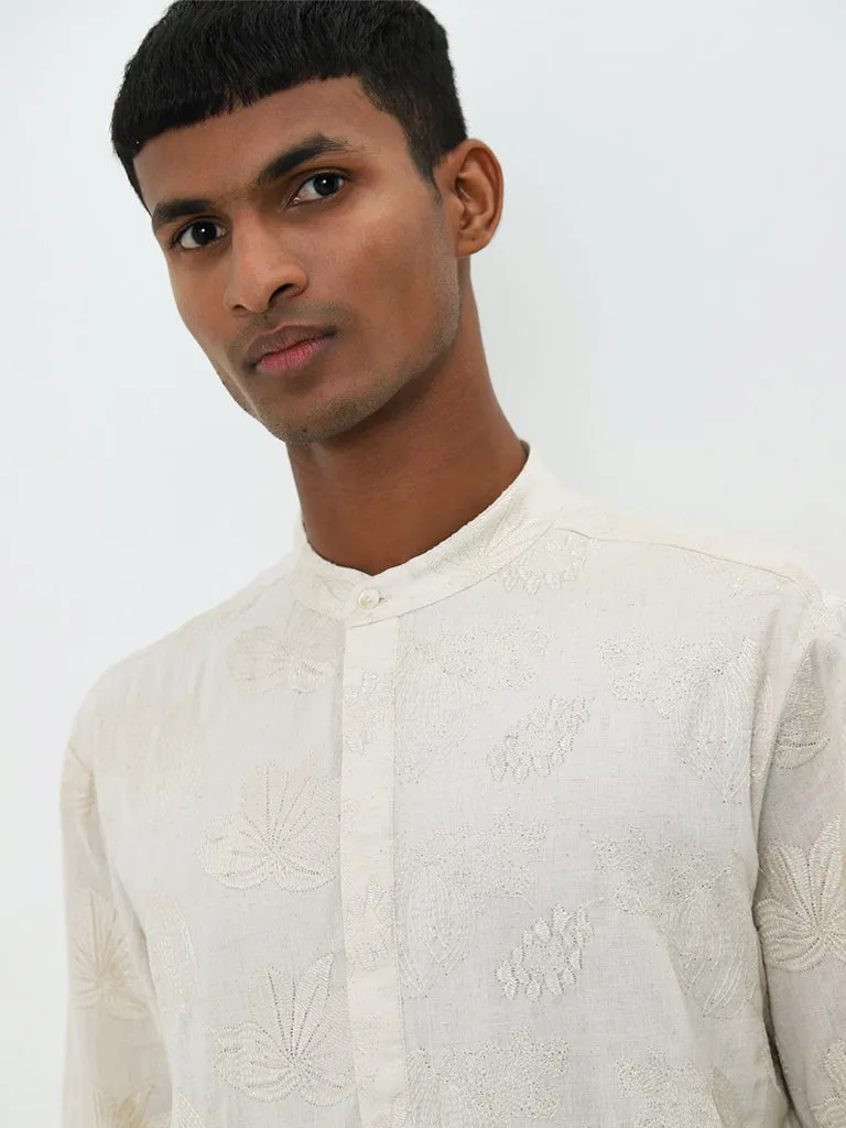 Mens Ethnicwear Ivory Floral Embroidered Cotton Kurta