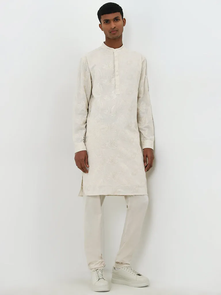 Mens Ethnicwear Ivory Floral Embroidered Cotton Kurta