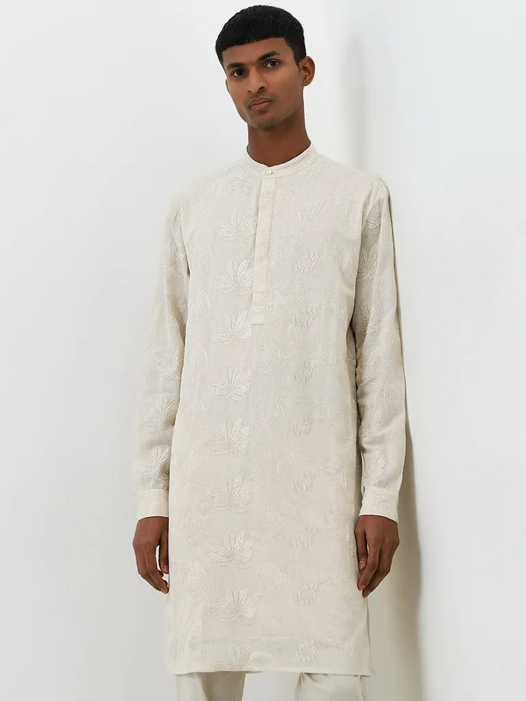 Mens Ethnicwear Ivory Floral Embroidered Cotton Kurta