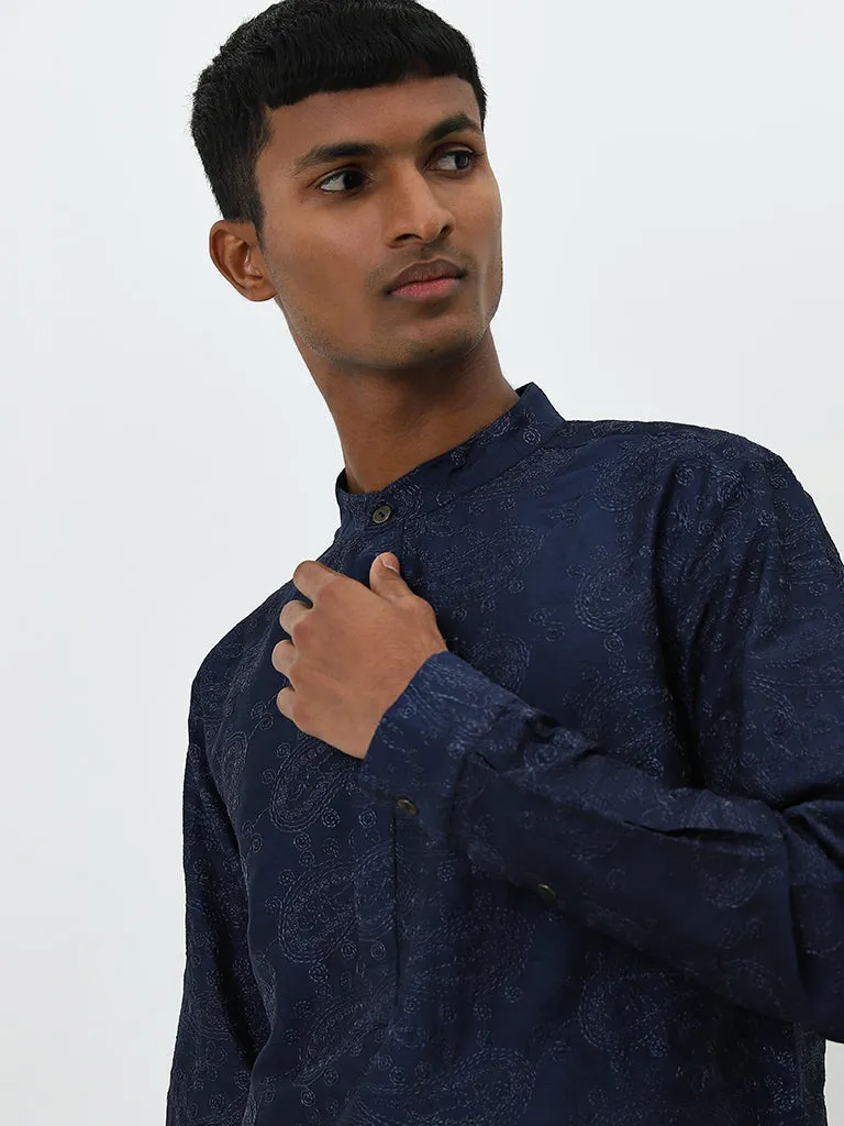 Mens Ethnicwear Navy Embroidered Cotton Kurta