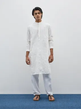 Mens Ethnicwear White Embroidered Cotton Kurta