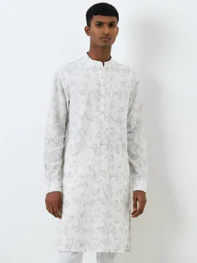 Mens Ethnicwear White Floral Embroidered Cotton Kurta