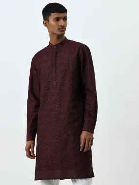 Mens Ethnicwear Wine Embroidered Cotton Kurta