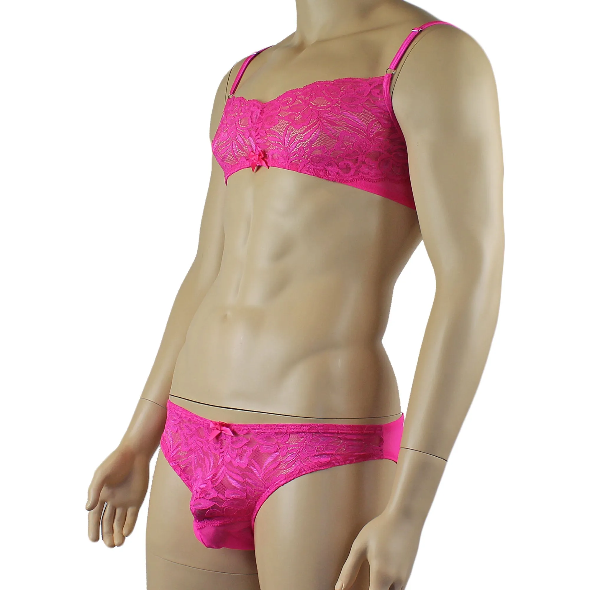 Mens Kristy Lace & Mesh Bra Top and Bikini Brief Hot Pink