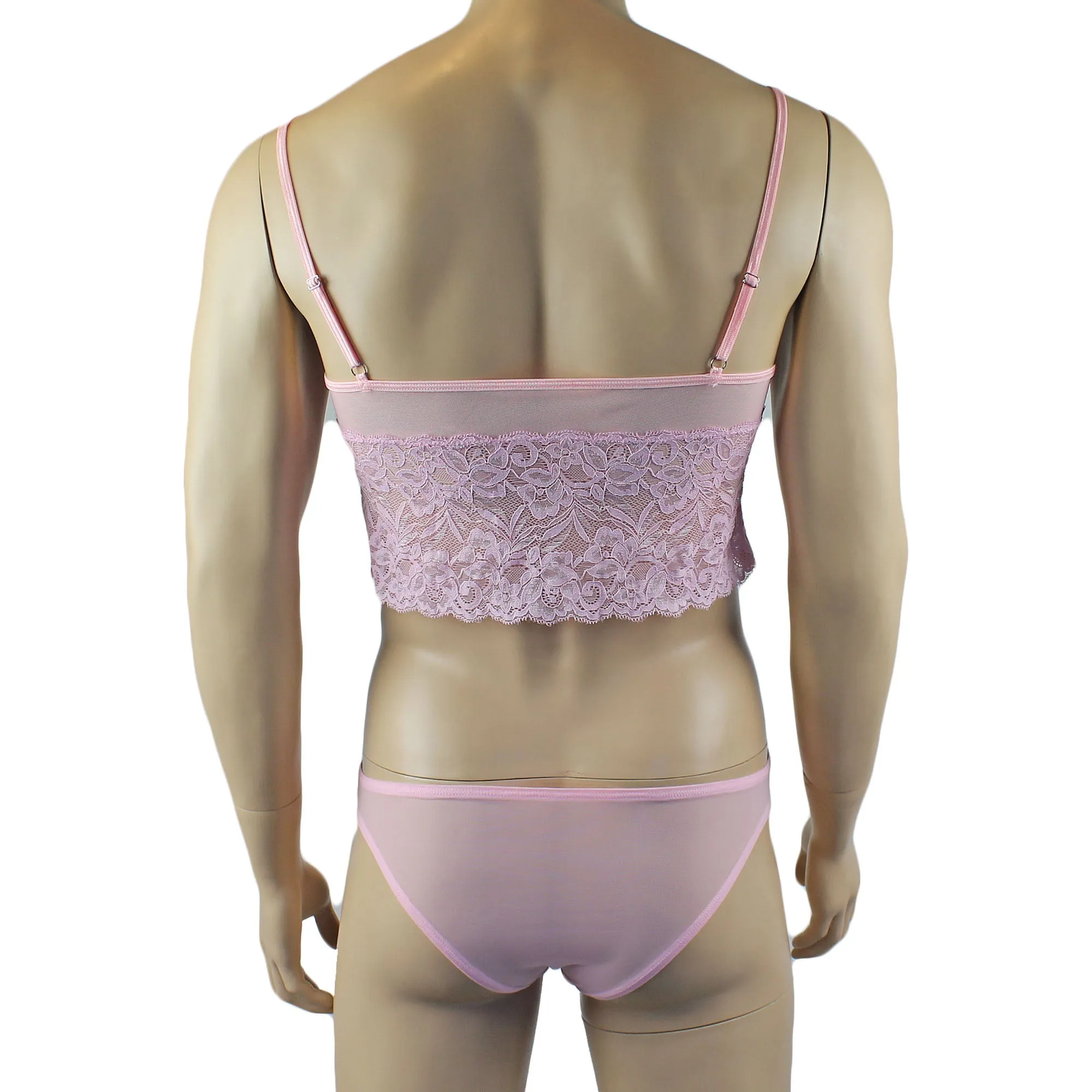 Mens Kristy Sexy Lace Camisole Bra Top and Bikini Brief Light Pink