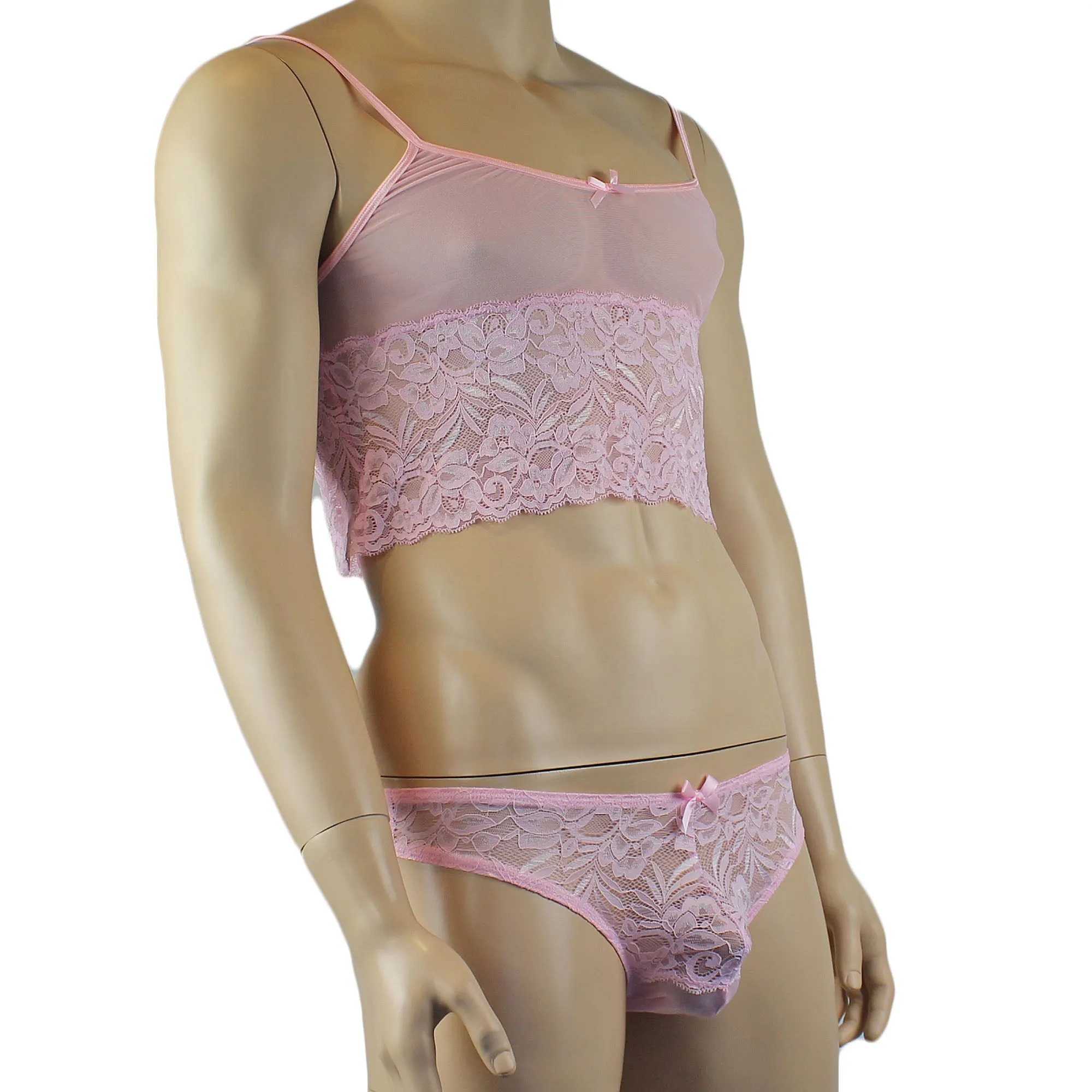 Mens Kristy Sexy Lace Camisole Bra Top and Bikini Brief Light Pink