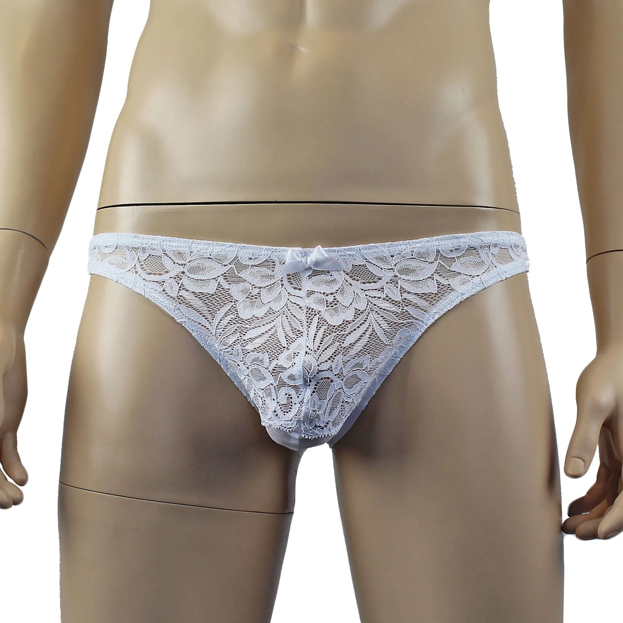 Mens Kristy Sexy Lace Thong Panties with Stretch Mesh Back White