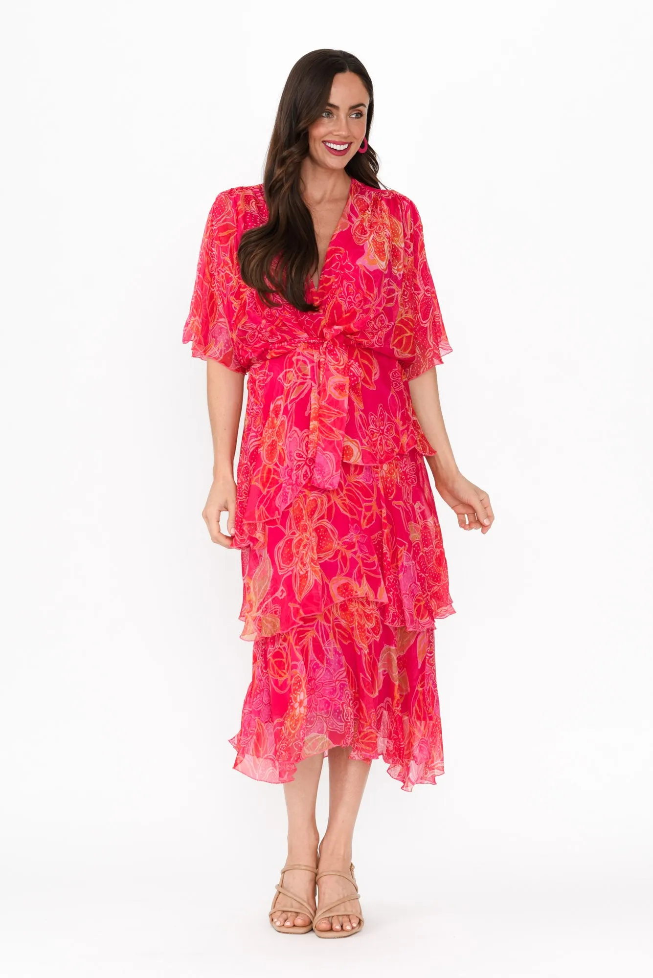 Natalie Hot Pink Floral Silk Layer Dress