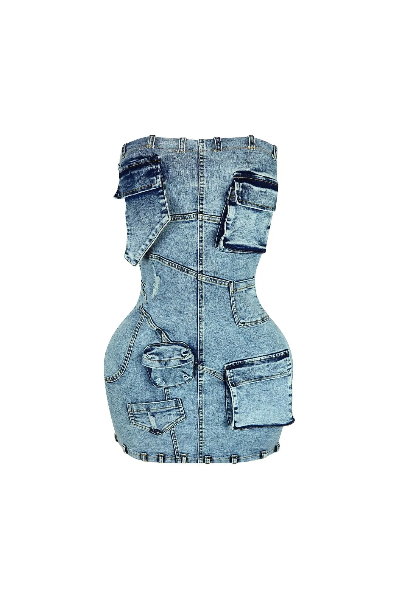 No Invite Strapless Denim 3D Dress