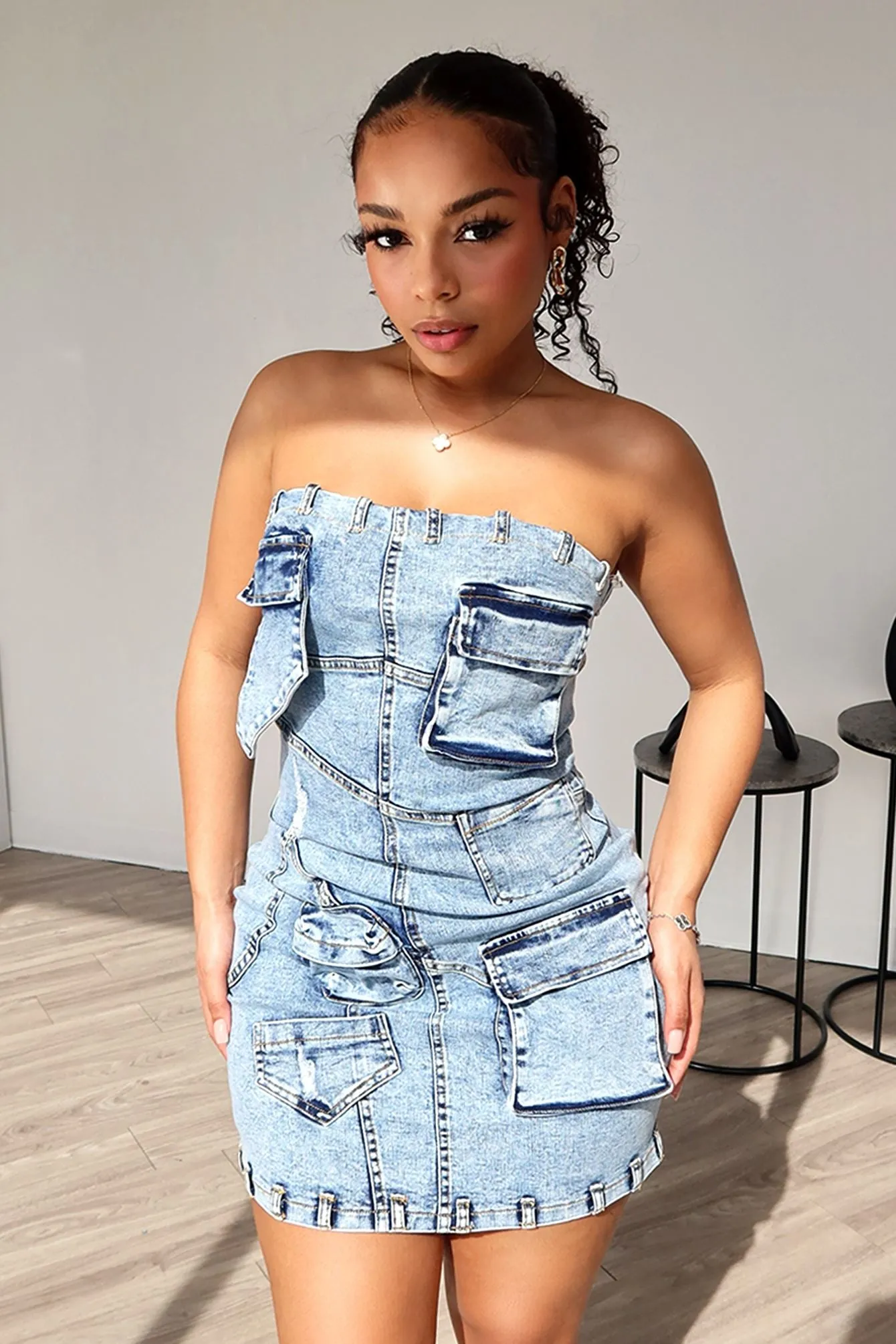 No Invite Strapless Denim 3D Dress