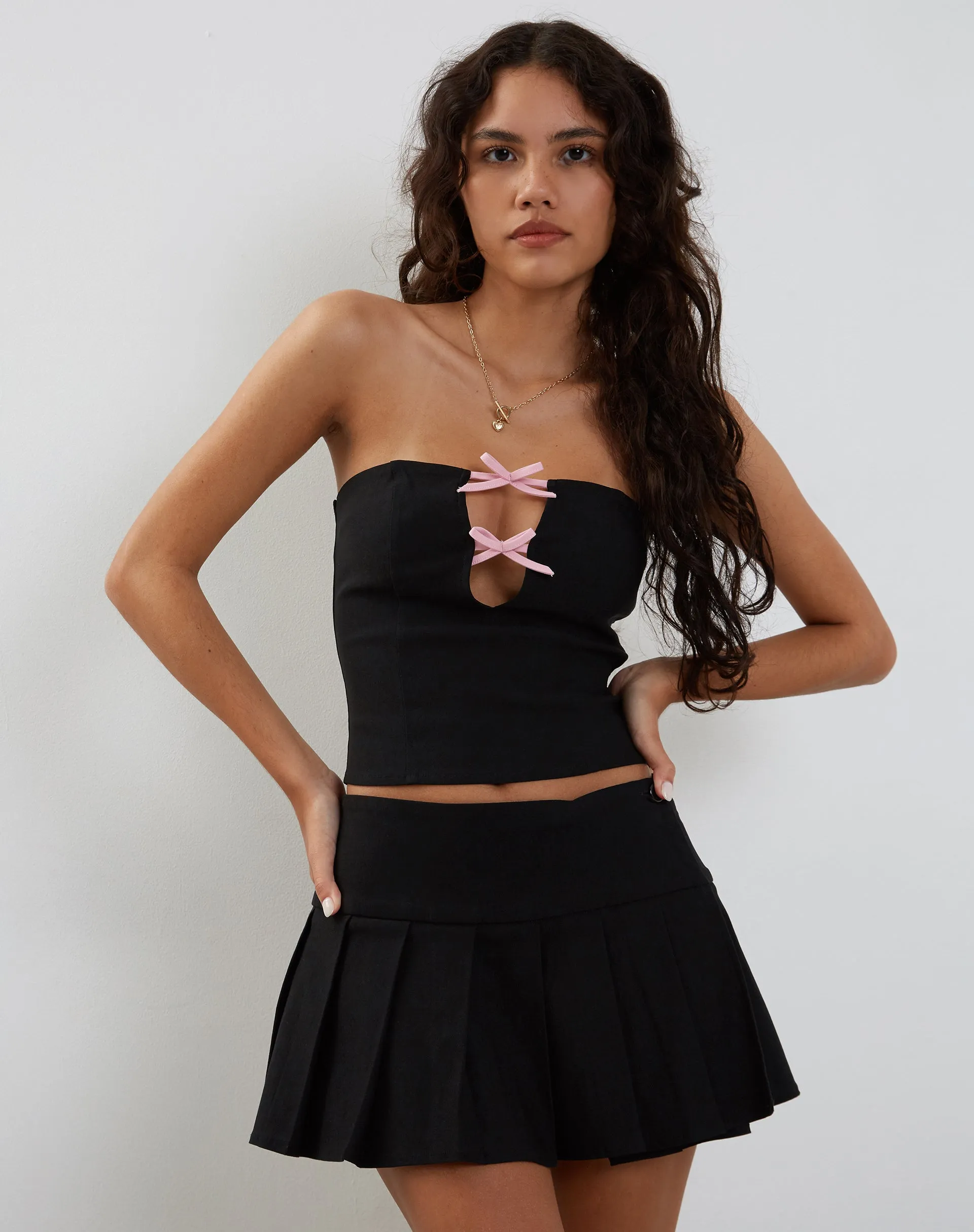 Novanto Bandeau Top in Black with Pink Bows