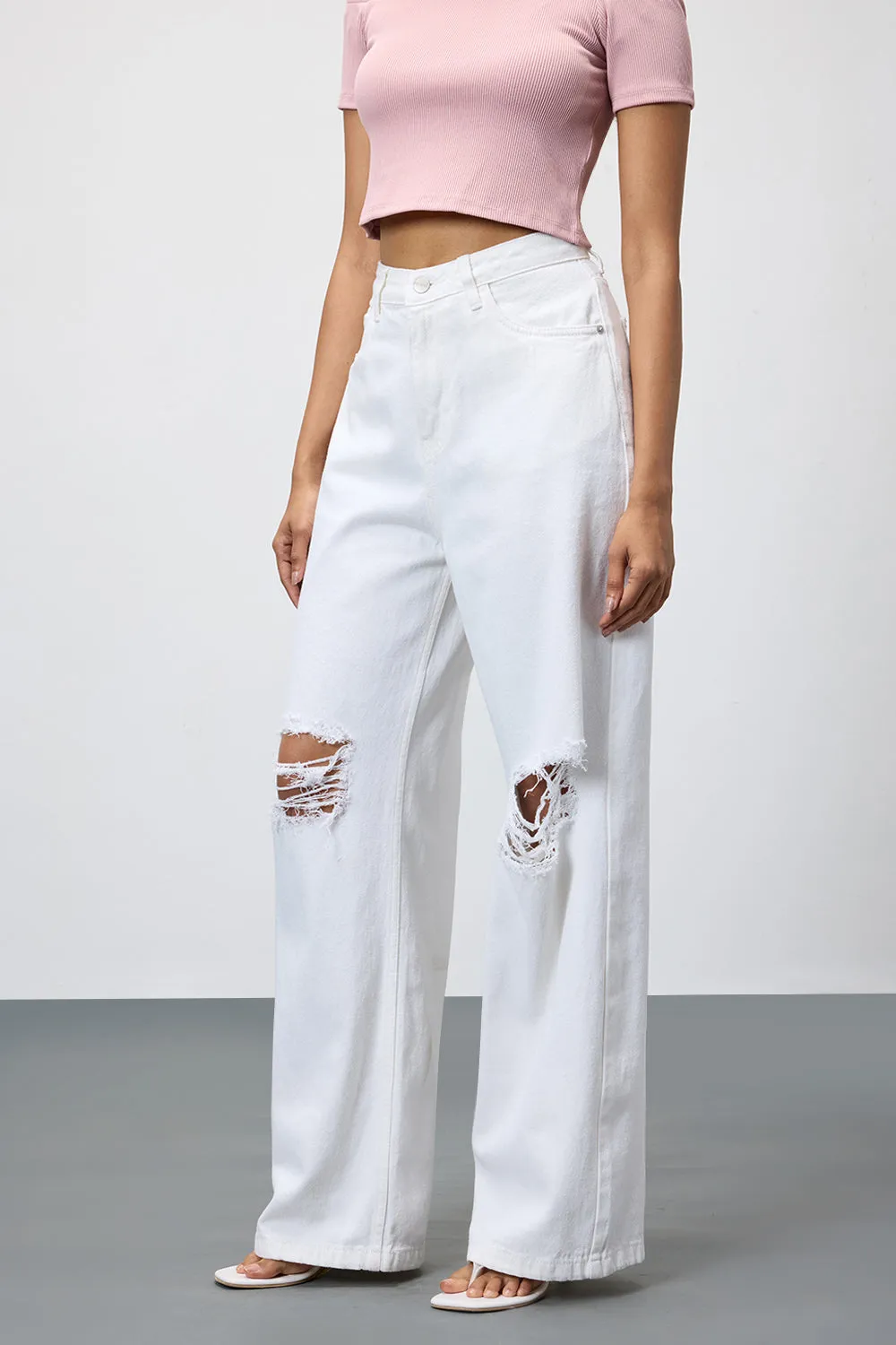 Pearl White Ripped Wide Leg Jeans