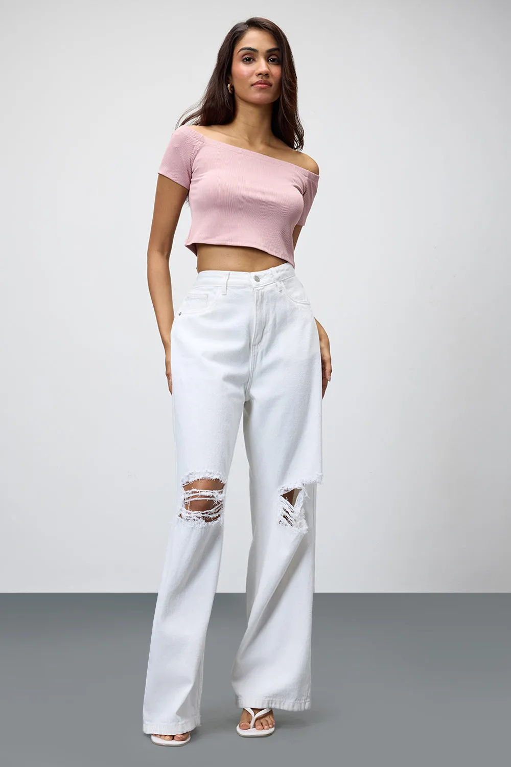 Pearl White Ripped Wide Leg Jeans