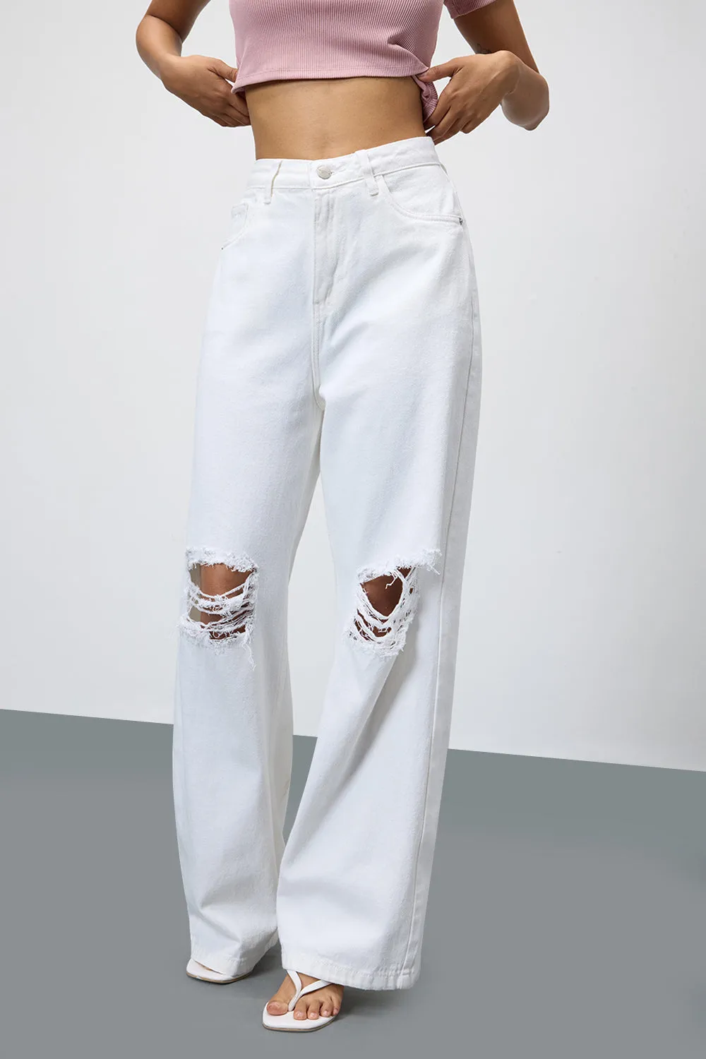 Pearl White Ripped Wide Leg Jeans