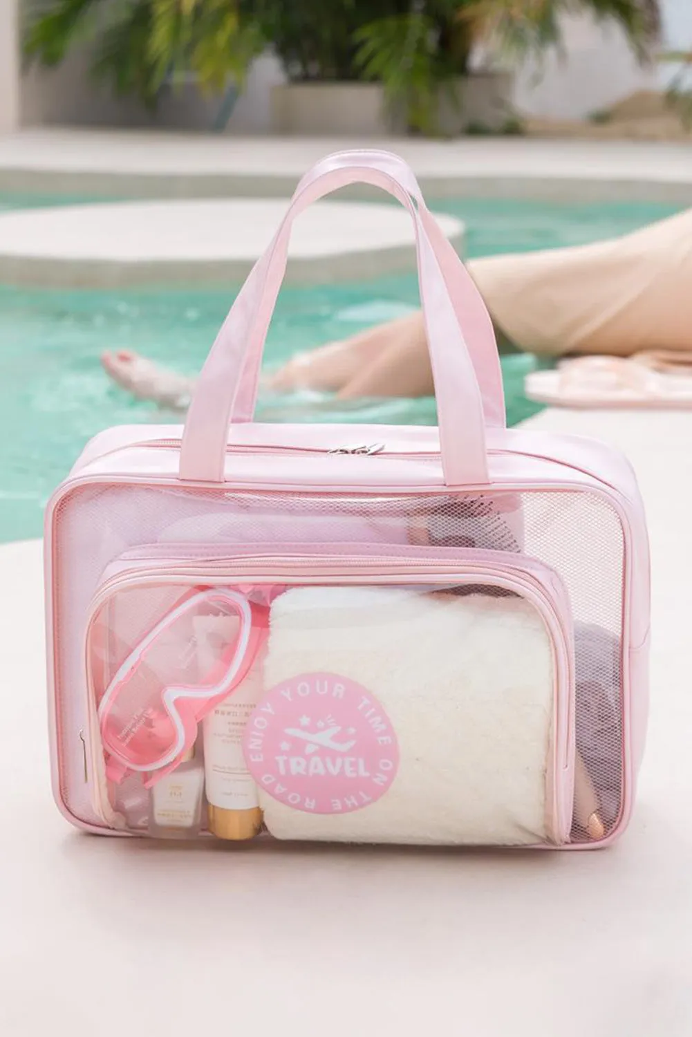 Pink Waterproof Multi Pockets Transparent Travel Makeup Bag