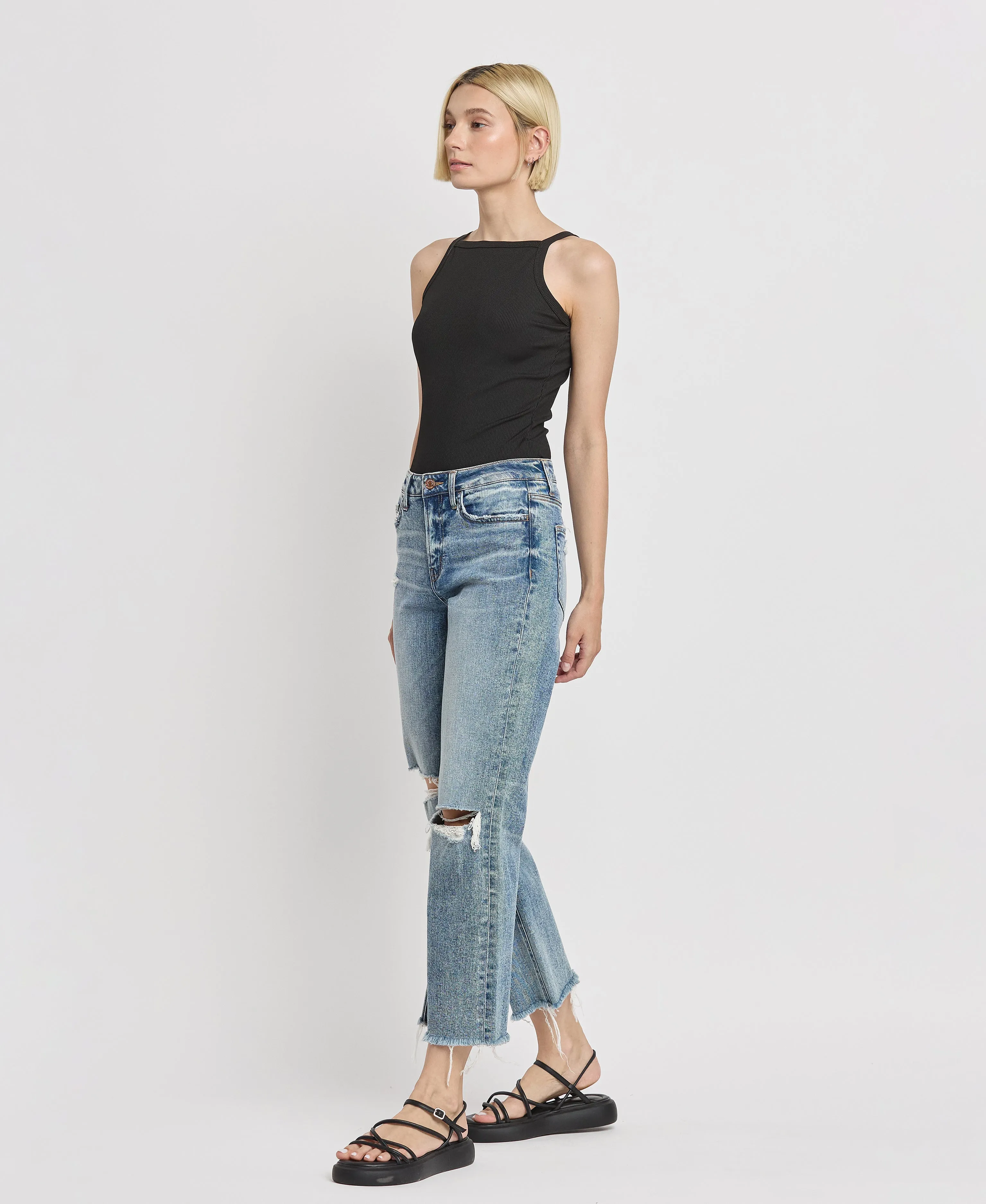 Punctual - High Rise Distressed Slim Wide Jeans