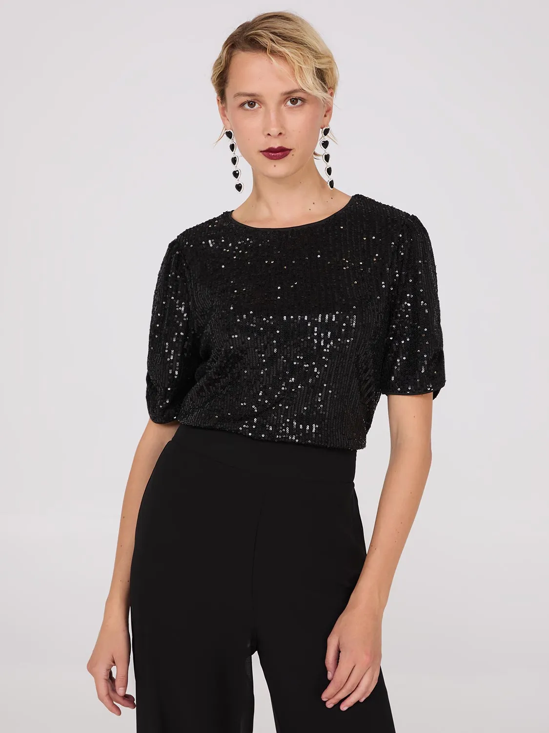 Ruched Short Sleeve Sequin Top