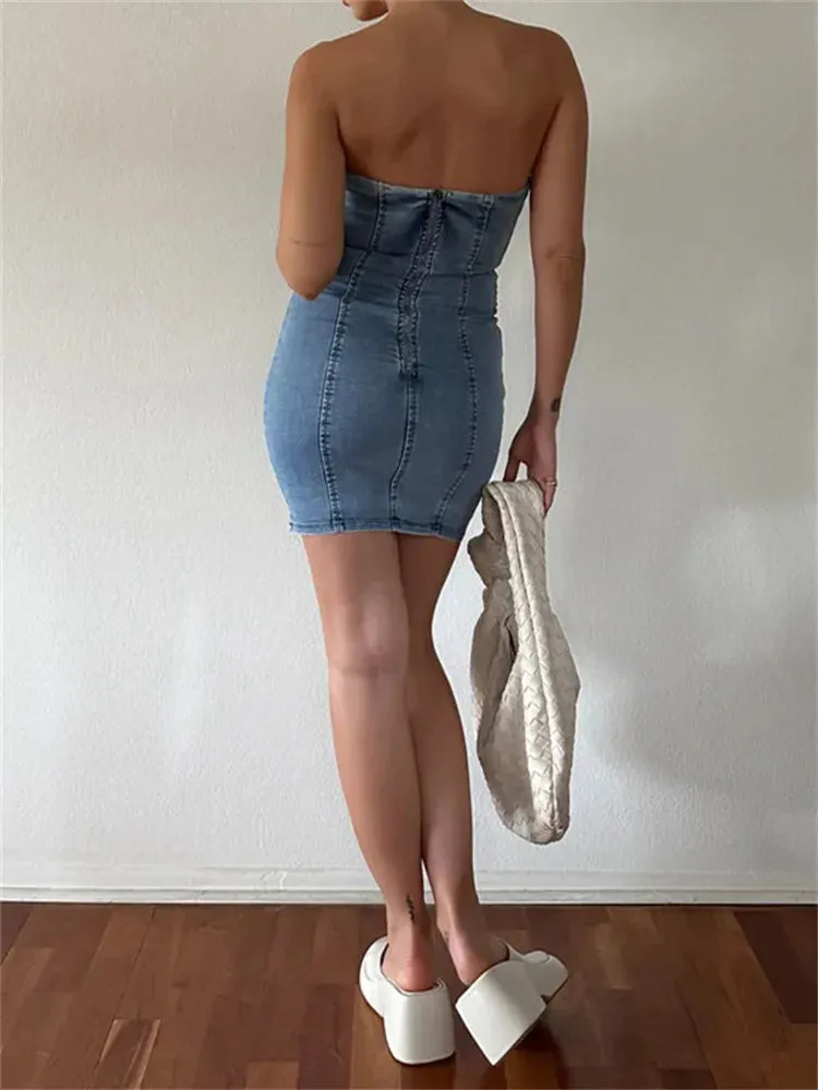 Sexy Denim Off Shoulder Slim Pencil Mini Dresses