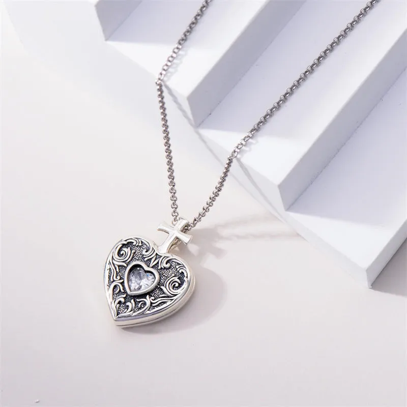 Sterling Silver Birthstone Vintage Cross Heart Shaped Photo Pendant  Necklace