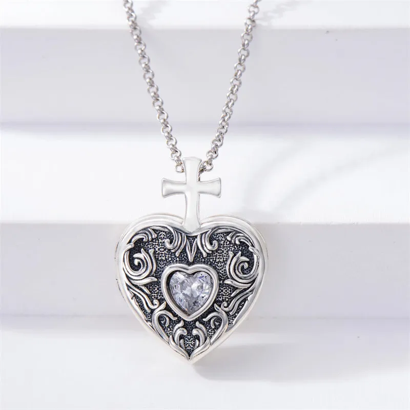 Sterling Silver Birthstone Vintage Cross Heart Shaped Photo Pendant  Necklace