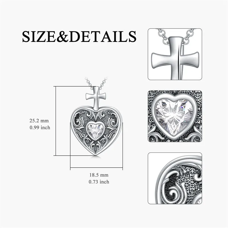 Sterling Silver Birthstone Vintage Cross Heart Shaped Photo Pendant  Necklace