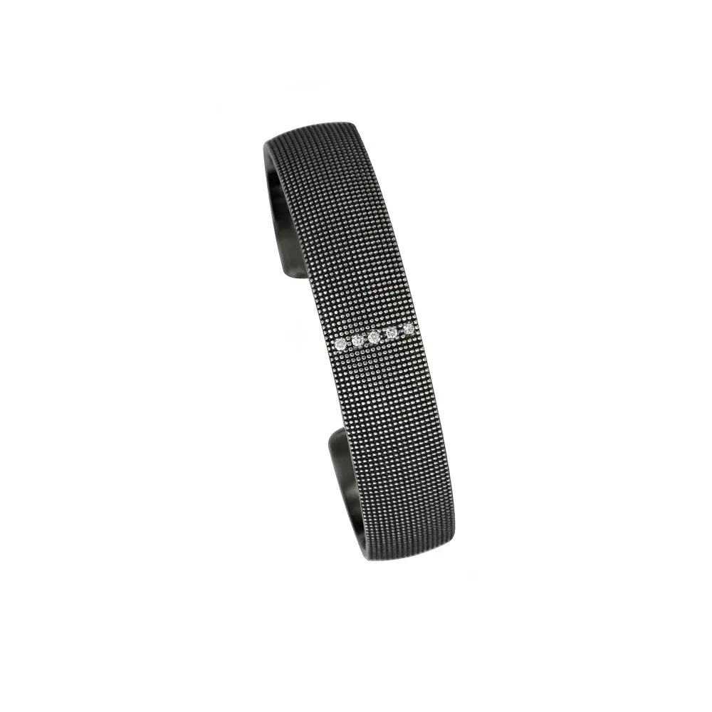 Sterling Silver Textured Black Rhodium RIA cuff with Diamonds