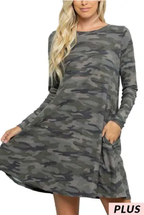 Sunday Morning Plus Camo Print Long Sleeve Dress