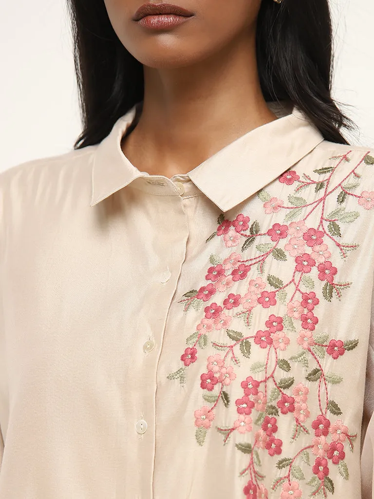 Vark Beige Floral Embroidered Straight Tunic With Pants Set