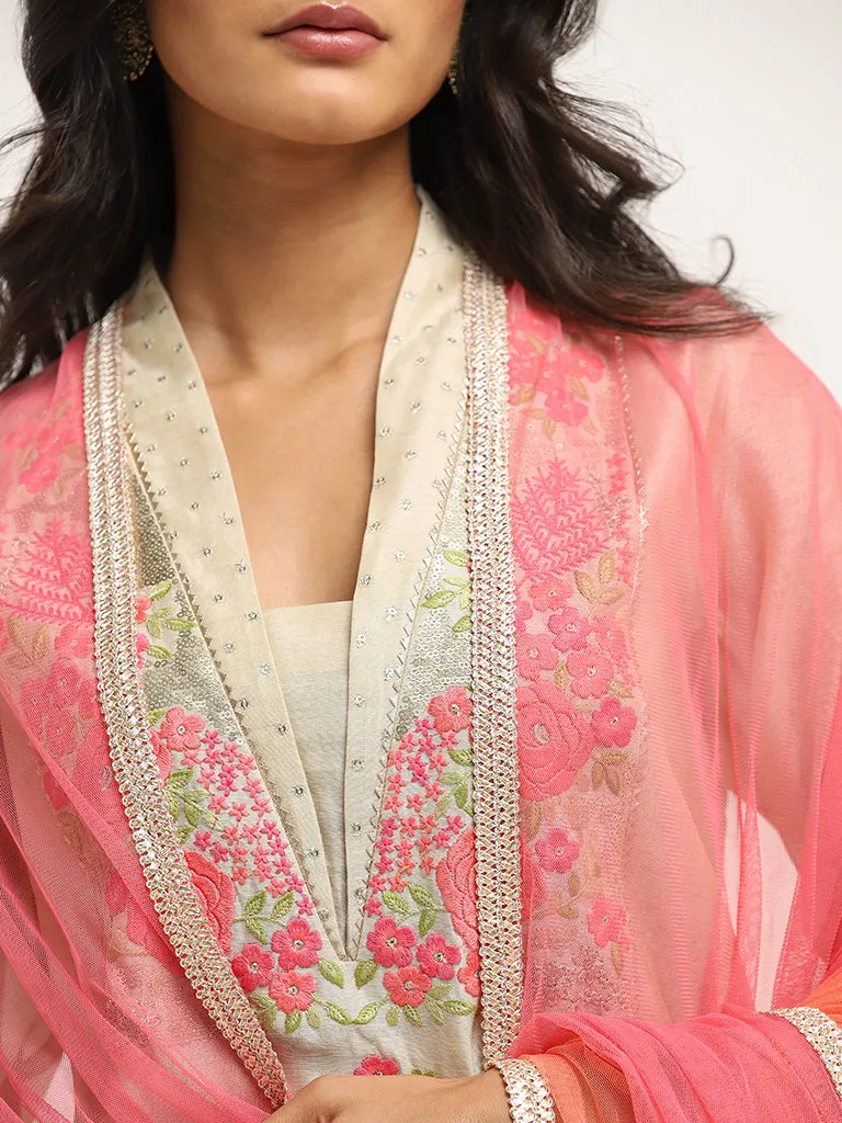 Vark Beige Floral Straight Kurta, Ethnic Pants & Dupatta