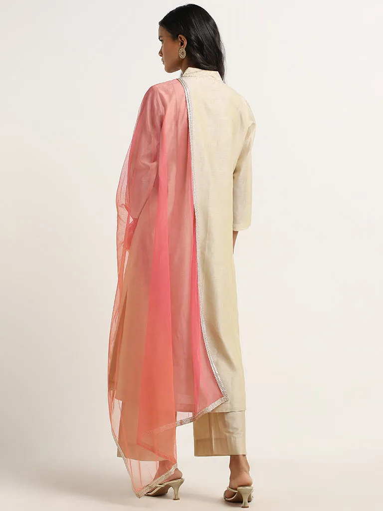 Vark Beige Floral Straight Kurta, Ethnic Pants & Dupatta