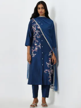 Vark Blue Floral Embroidered Kurta, Pants and Dupatta Set