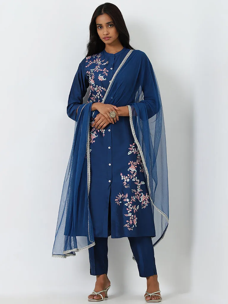 Vark Blue Floral Embroidered Kurta, Pants and Dupatta Set