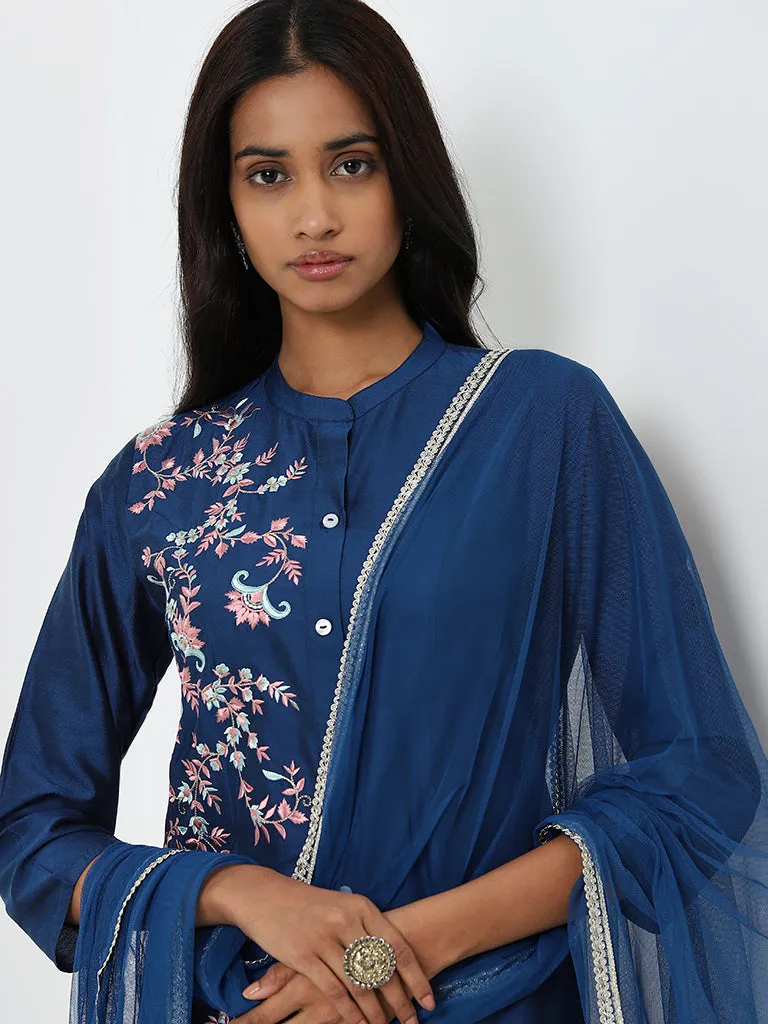 Vark Blue Floral Embroidered Kurta, Pants and Dupatta Set