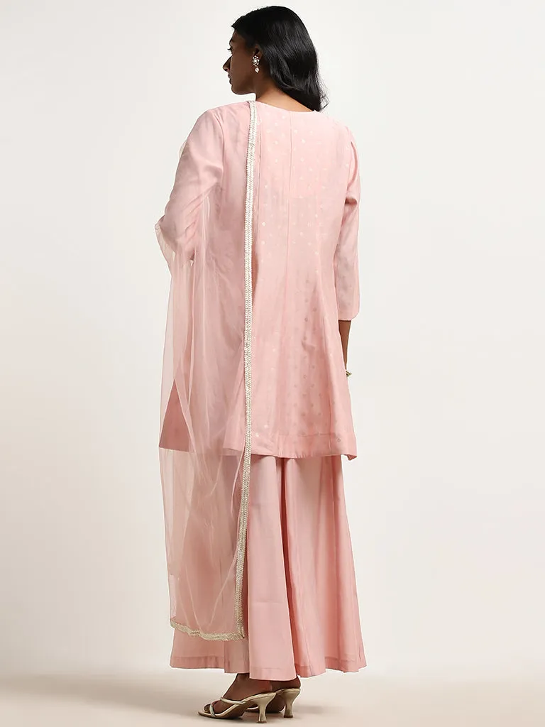 Vark Light Pink Floral Embroidered A-line Kurti, Palazzos and Dupatta Set