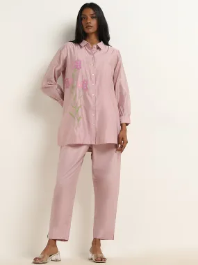 Vark Light Pink Floral Embroidered Tunic & Ethnic Pants Set