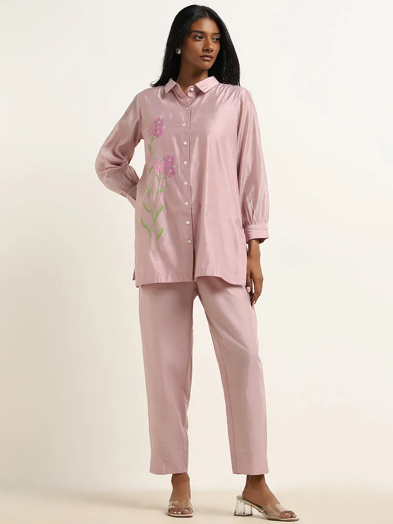 Vark Light Pink Floral Embroidered Tunic & Ethnic Pants Set