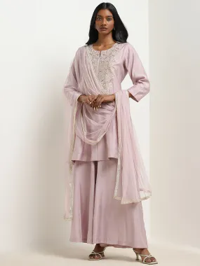 Vark Lilac Embroidered A-Line Kurti, Palazzos & Dupatta Set